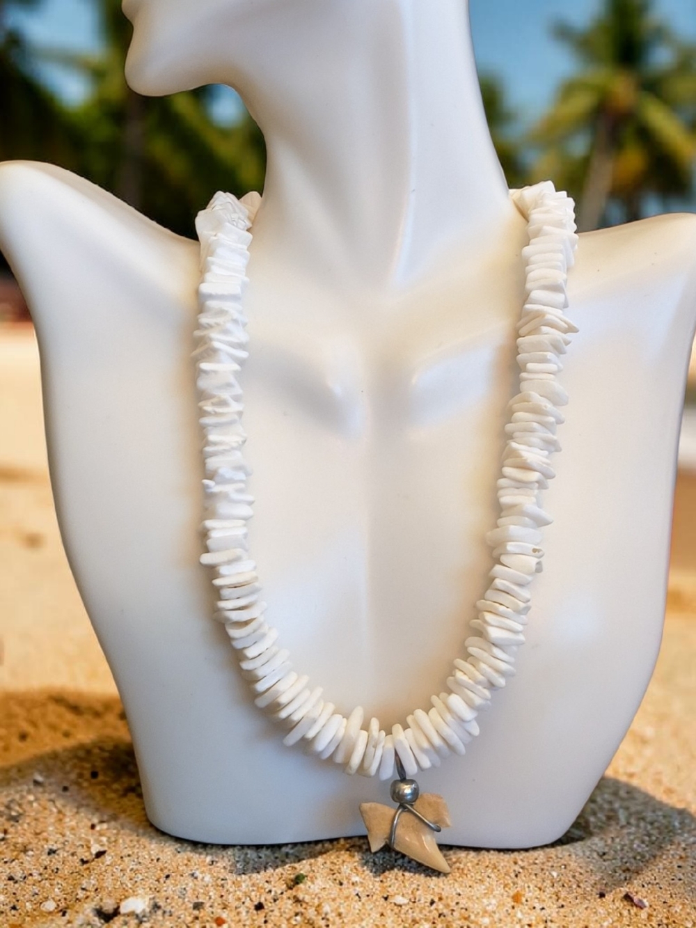 White Shell Chip Necklace with Shark Tooth Pendant